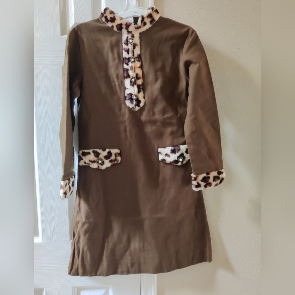 Vintage Chinese 1960s Mod Retro Brown Shift Dress with Leopard Trim Detail